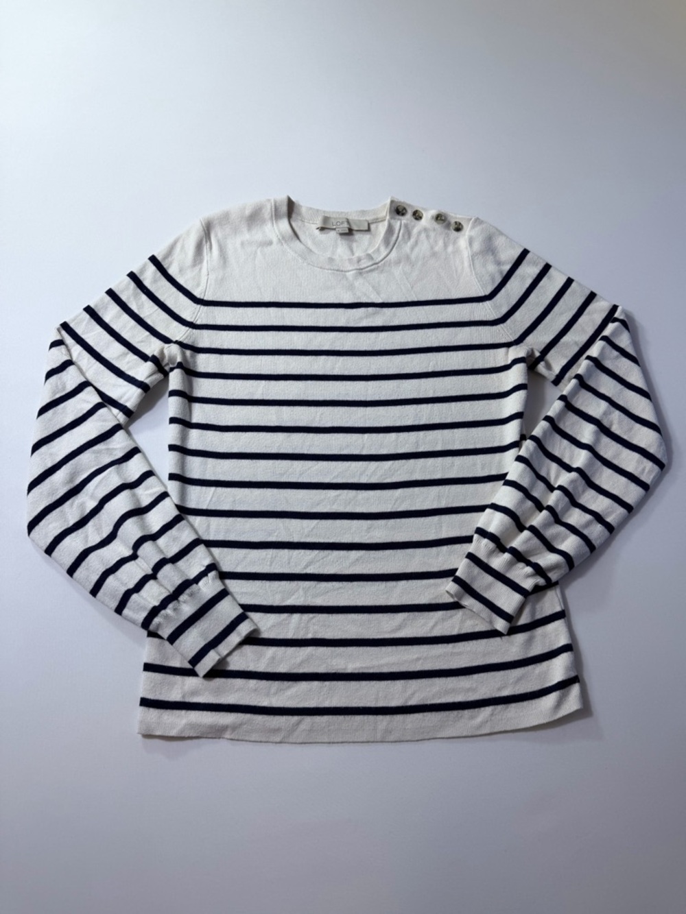 LOFT Striped Boatneck Sweater with Shoulder Buttons - Ivory & Navy Sz Medium